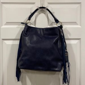 Navy Blue Leather Fringe Boho Bag